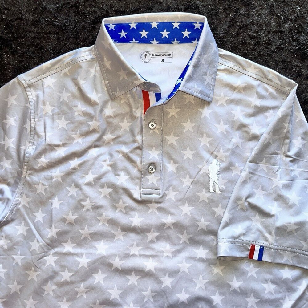 U Suck at Golf USAG USA Light‎ Gray with Stars Polo Shirt Mens S